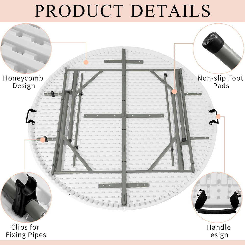 4 FT Round Folding Tables with Carrying Handle Lightweight Portable Plastic C...