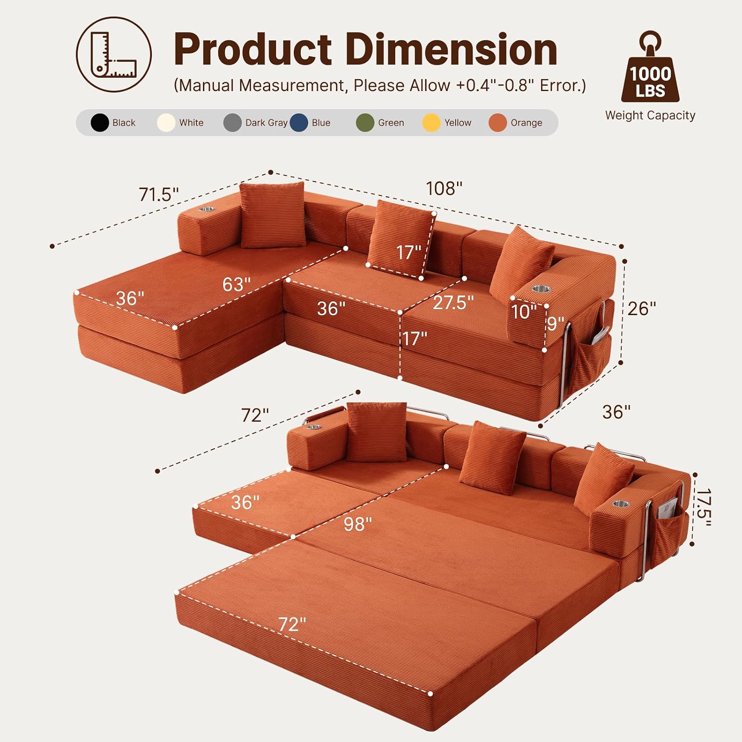 Modular Sectional Sofa, 108" L-Shaped Couch with Deep Seat | Corduroy Boneless Cloud Cushion,Modular Sofa Bed with Fixed-Shape Frame for Living Room No Assembly Required (Orange)