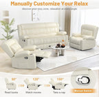 Recliner Sofa Set, Flip Middle Backrest Design PU Leather 3 Seater Reclining Sofa and 2PC Single Recliner Chair, Manual Couches for Living Room (Ivory, PU 3+1+1)