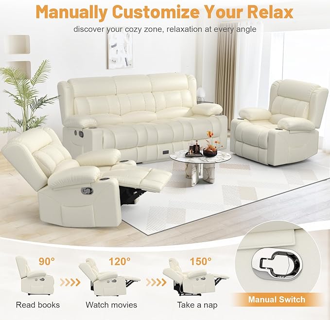 Recliner Sofa Set, Flip Middle Backrest Design PU Leather 3 Seater Reclining Sofa and 2PC Single Recliner Chair, Manual Couches for Living Room (Ivory, PU 3+1+1)