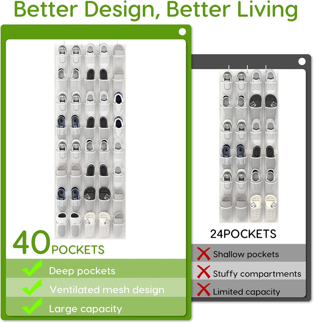 Over the Door Shoe Organizer with 40 Large Breathable Mesh Pockets, Space Saving Shoe Holder, Hanging Shoe Rack for Entryway Bedroom Closet Storage (White, 40 Pockets)