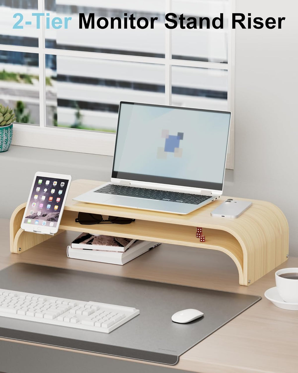 Solid Wood Dual Monitor Stand Riser 2 Tier, 24.1 Inch Desktop Organizer with Phone Holder, Ergonomic Computer Stand, Multifunctional Desk Shelf for Laptop, PC, Printer, Supports Up to 110lbs