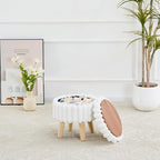 Wimarsbon Storage Ottoman,Soft Faux Fur Footstool with Padded Seat, Small Reading Vanity Chair, Footrest with Wood Tray for Couch, Mini Coffee Table or Display Stand (Cream, Round Storage)