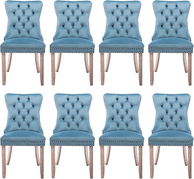 Velvet Upholstered Dining Chairs Set of 8, Modern Style Kitchen Side Chairs with Nailhead Trim and Wood Legs,Metal Pulling Ring for Dining Room Living Room(Sky Blue)