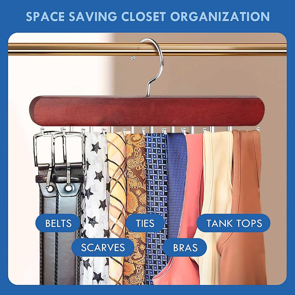 Tie Rack Hanger for Closet, Wooden Tie Hangers for Men with 18 Folding Hooks, Space Saving Tie Holder Neck Tie Organizer for Men Ties, Belts, Bras, Scarves, Tank Tops (Mahogany)