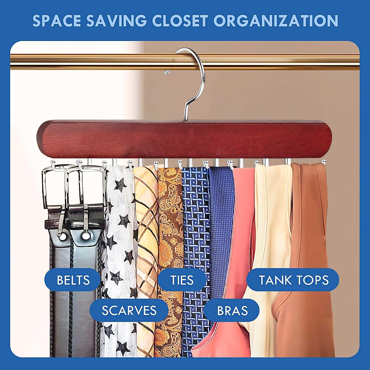 Tie Rack Hanger for Closet, Wooden Tie Hangers for Men with 18 Folding Hooks, Space Saving Tie Holder Neck Tie Organizer for Men Ties, Belts, Bras, Scarves, Tank Tops (Mahogany)