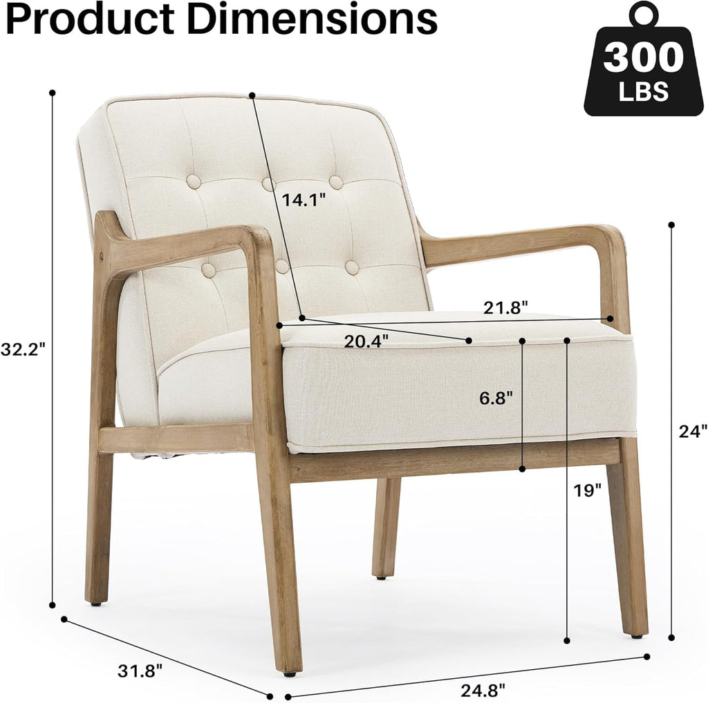SOFTHION Linen Mid Century Modern Chair with Solid Wood Frame 2-Pack, White | Upholstered Tufted Leisure Chair Reading Side Chair with Armrest, 105°Ergonomic Comfort for Living Room, Bedroom & Balcony