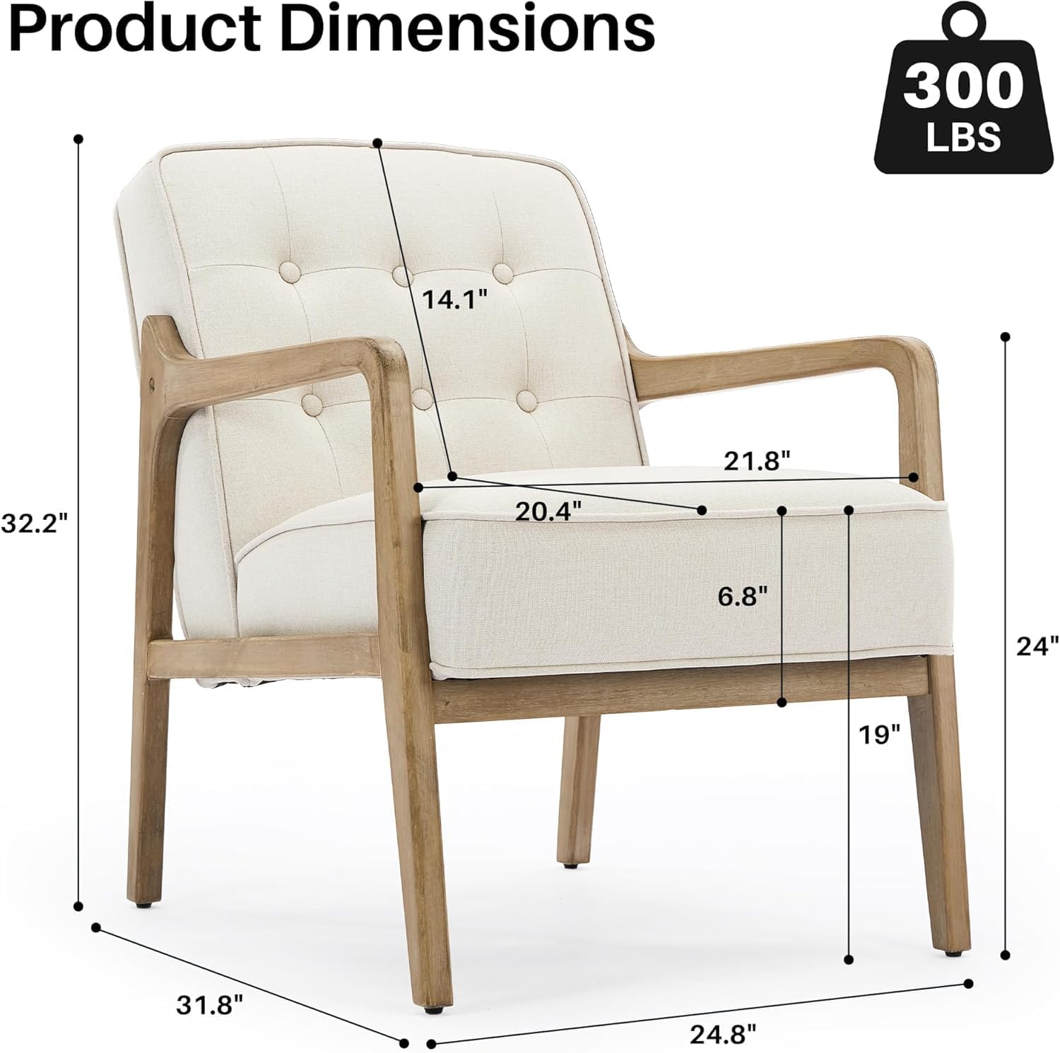 SOFTHION Linen Mid Century Modern Chair with Solid Wood Frame 2-Pack, White | Upholstered Tufted Leisure Chair Reading Side Chair with Armrest, 105°Ergonomic Comfort for Living Room, Bedroom & Balcony