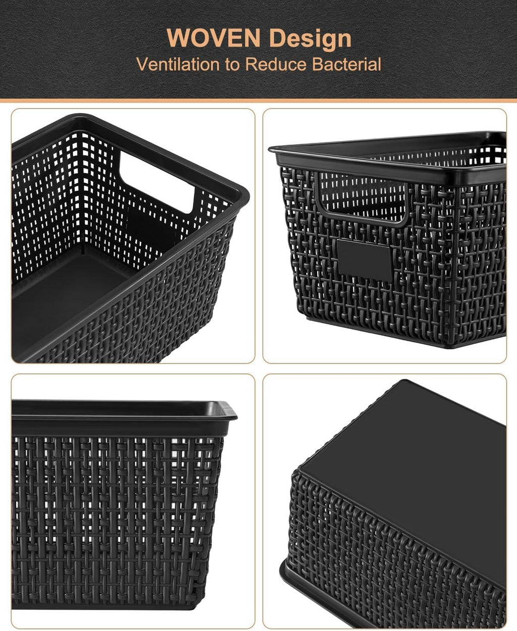 EOENVIVS Set of 6 Baskets For Organizing, Plastic Storage Bins and Small Basket for Organization and Storage Shelves Drawers Desktop Closet Playroom Classroom Office, Black