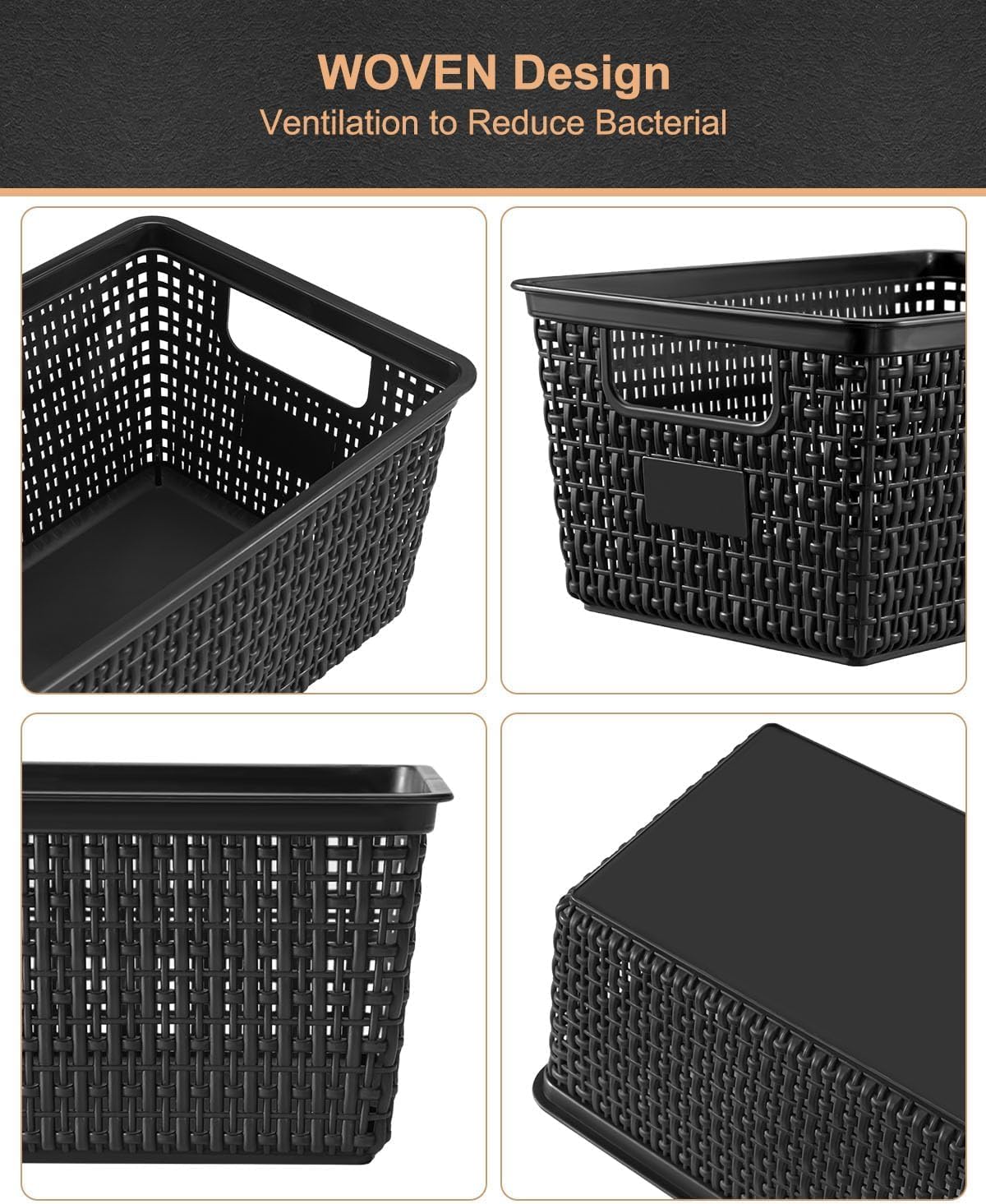 EOENVIVS Set of 6 Baskets For Organizing, Plastic Storage Bins and Small Basket for Organization and Storage Shelves Drawers Desktop Closet Playroom Classroom Office, Black