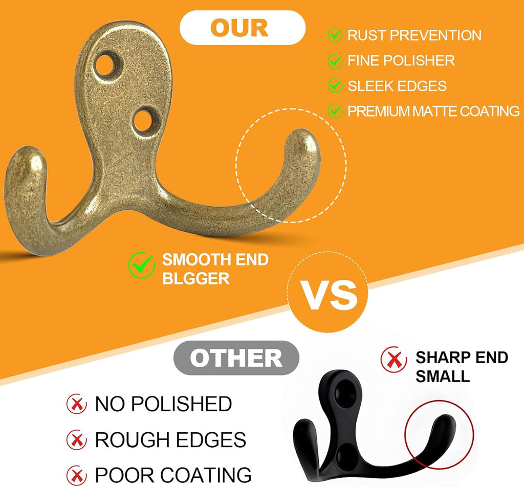 20 Pack Coat Hooks Wall Hooks for Hanging, Heavy Duty Double Prong Metal Hook Wall Mounted for Living Room, Bathroom, Kitchen, Bedroom for Coat, Bag, Scarf, Towel, Hat, Key, Cup (Bronze)