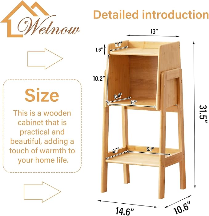 Welnow Bamboo Bookcase with Cabinet, Natural End Table with 1-Tier Storage Sh...