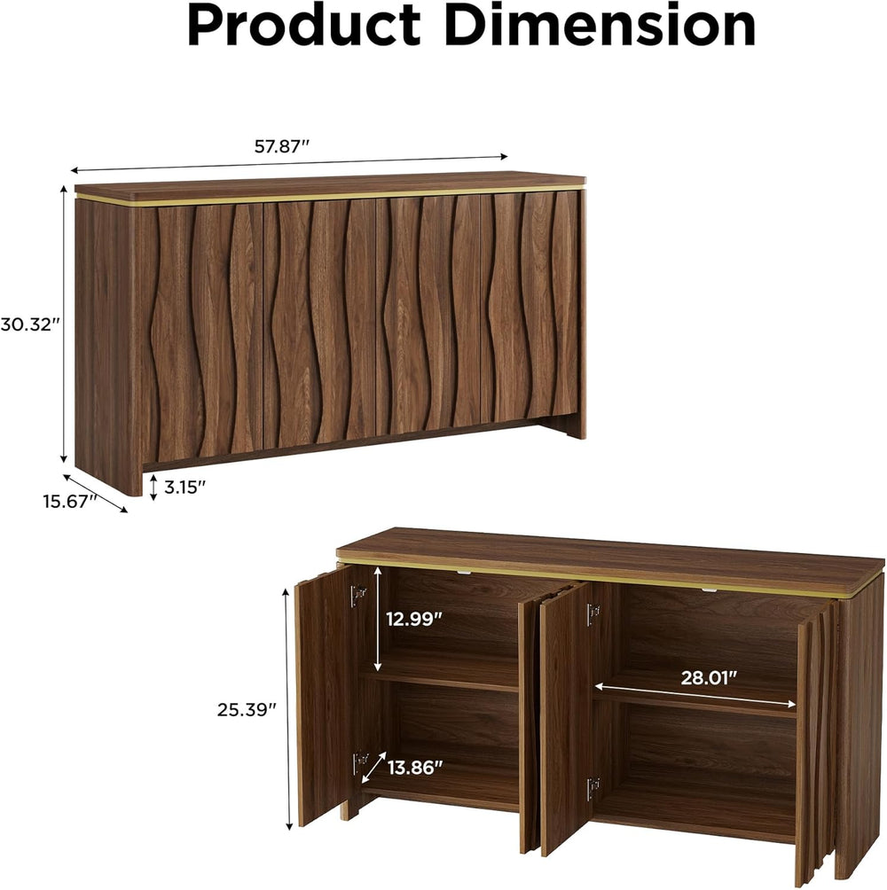 Vabches Fluted Buffet Cabinet with Storage, 3D Ripple Pattern Doors and Curve...