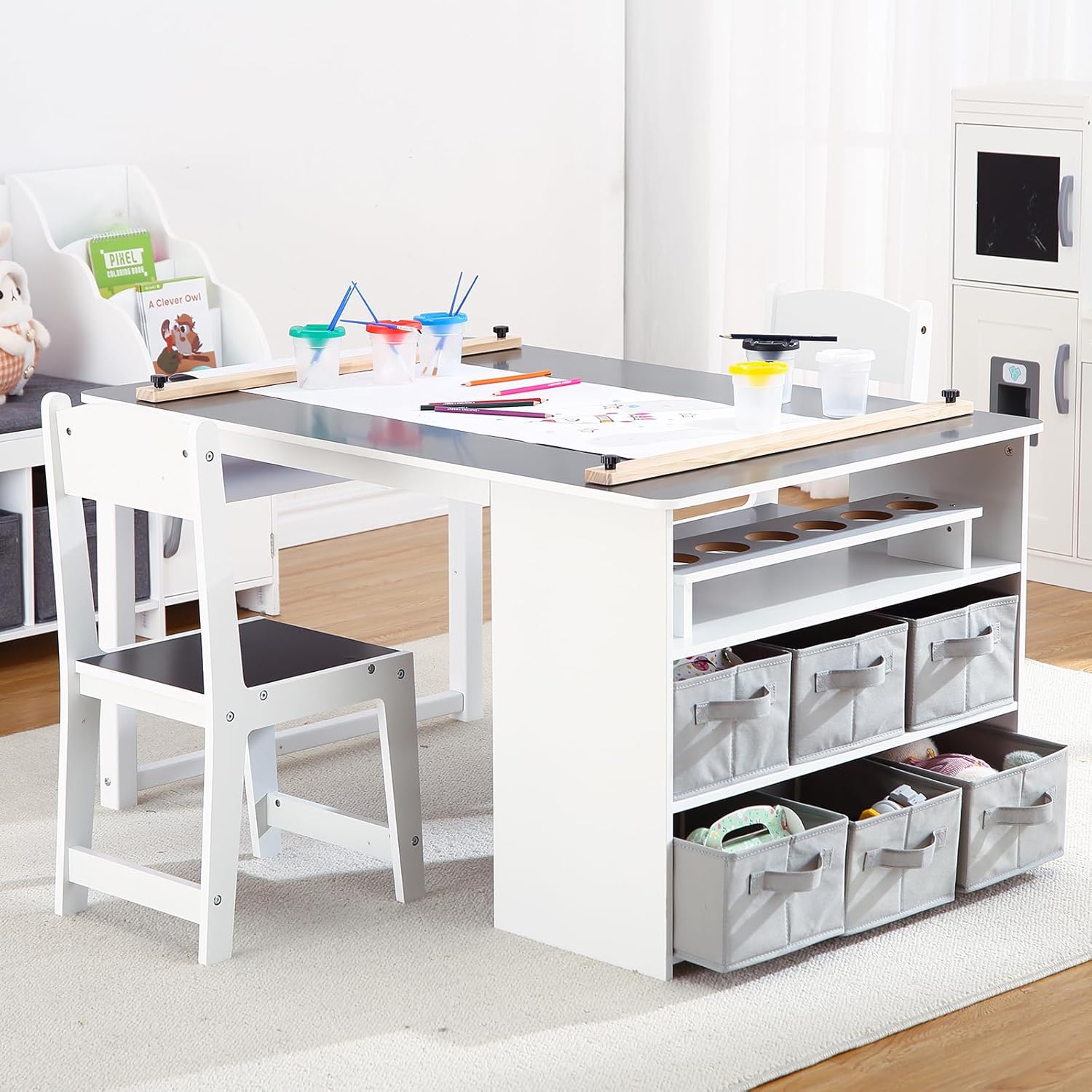 GarveeLife Kids Art Table and 2 Chairs Set with Large Storage Desk, Portable Art Supply Organizer - Multi-Function Drawing, Activity, and Study Table for Children, Wooden Craft Furniture