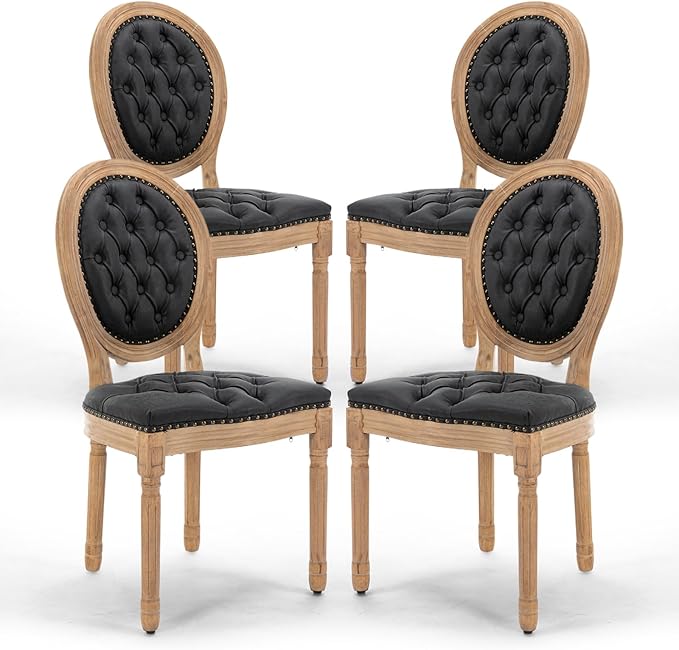 PU Leather Upholstered Dining Chairs Set of 4 French Country Round Back Kitchen Side Chairs with Nailhead Trim and Wood Legs for Dining Room, Kitchen, Restaurant(Black)