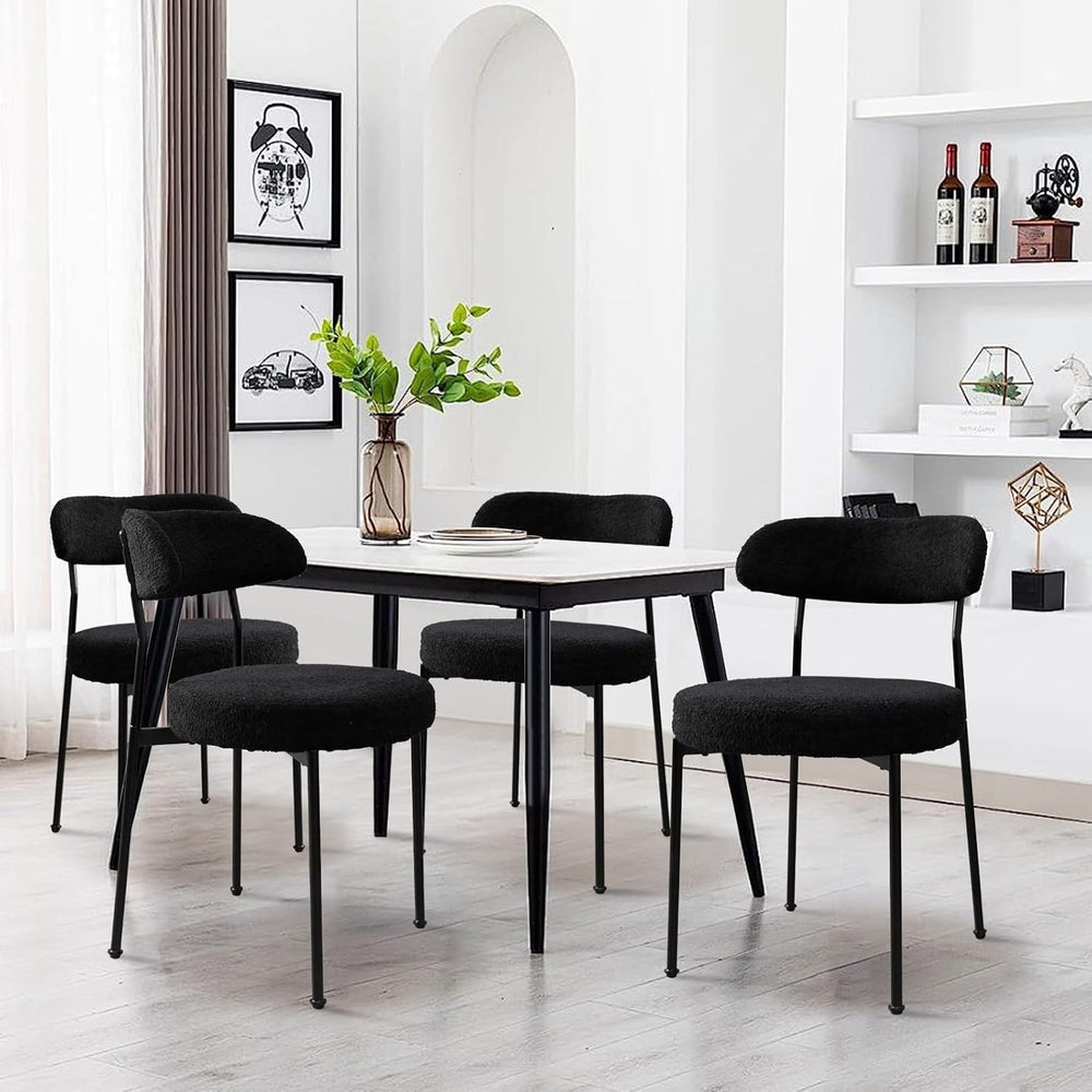 Modern Boucle Dining Chair Set of 4 with Round Lambswool Upholstered Cushion ...