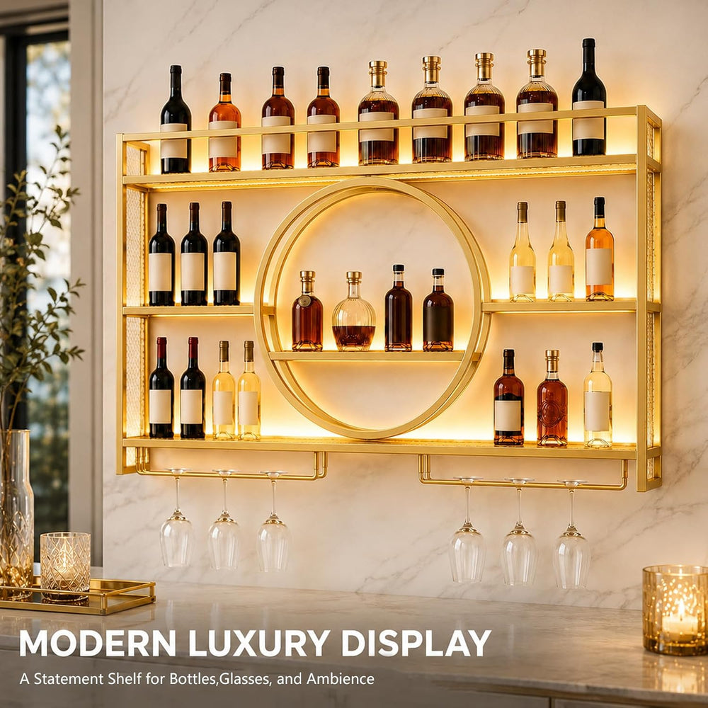 Wine Rack Wall Mounted with LED Lights - with Glass Holder, Gold | 3 Tier Met...