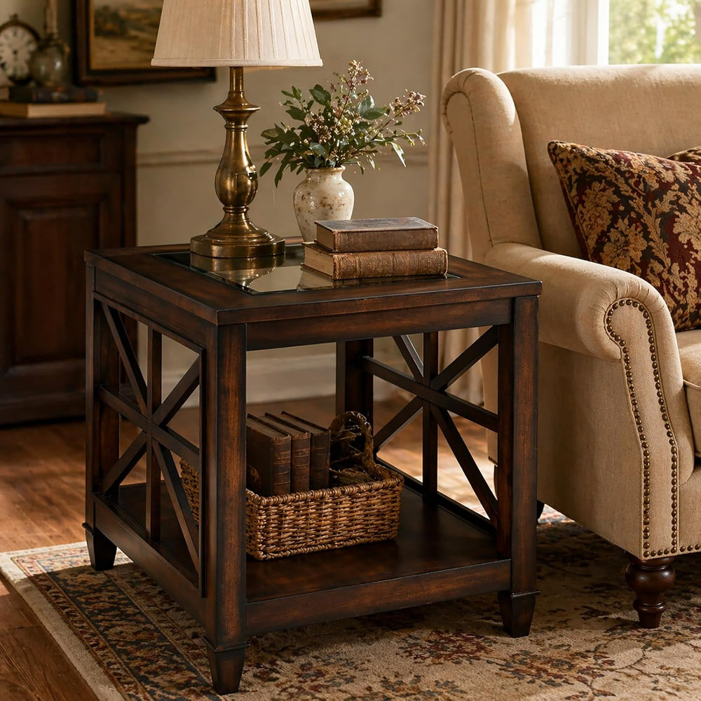 Set of 2 Large Solid Wood End Tables with Tempered Glass Top, 28" x 24&q...
