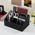 Remote Control Holder with 5 Compartments for Office Art Supplies, PU Leather Nightstand Organizer Pencil Pen Desk Caddy for Home, Desktop TV Remote Control Organizer Storage (Striped Black)