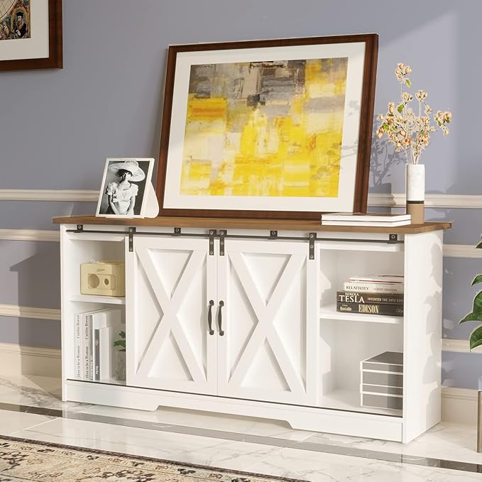 4 EVER WINNER TV Stand for 65 Inch TV for Living Room, Modern Farmhouse Barn Door TV Stand with Storage Cabinets and Adjustable Shelves for Bedroom, Media Entertainment Center TV Console Table, White