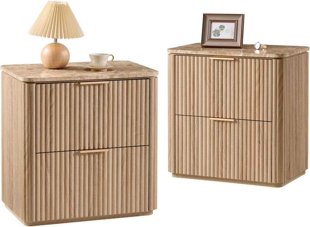 Fluted Nightstand Set of 2, Bedside Table with 2 Drawers, Engineered Wood End Table with Faux Marble-Top, Curved Corners, Metal Handle, Modern Night Stand for Bedroom, Small Spaces, Natural Oak