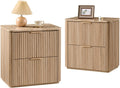 Fluted Nightstand Set of 2, Bedside Table with 2 Drawers, Engineered Wood End Table with Faux Marble-Top, Curved Corners, Metal Handle, Modern Night Stand for Bedroom, Small Spaces, Natural Oak