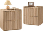 Fluted Nightstand Set of 2, Bedside Table with 2 Drawers, Engineered Wood End Table with Faux Marble-Top, Curved Corners, Metal Handle, Modern Night Stand for Bedroom, Small Spaces, Natural Oak