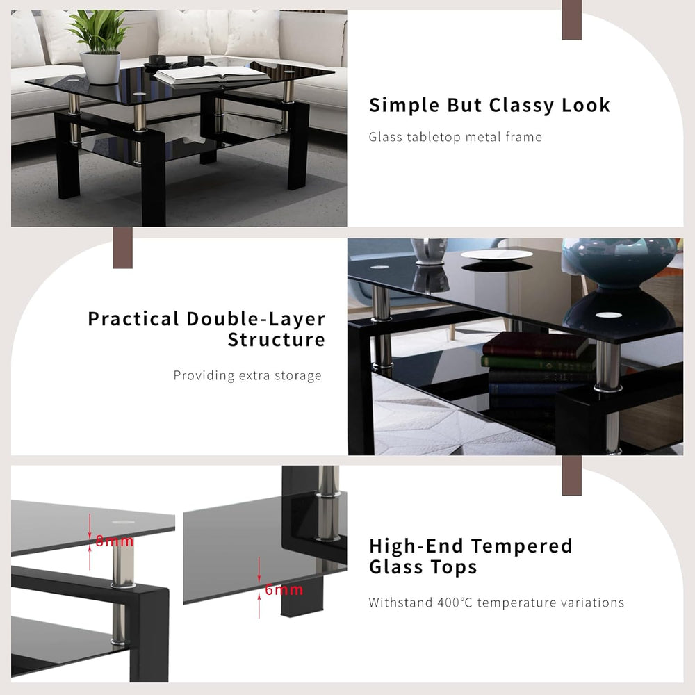 Black Glass Coffee Table Set of 3 Piece, Living Room Tables Set of 3 Pcs, Inc...