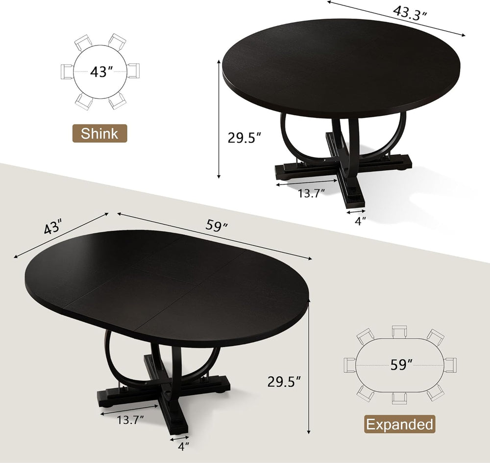 Einhomn 59" Extendable Round Dining Table for 4-6, Modern Oval Kitchen T...