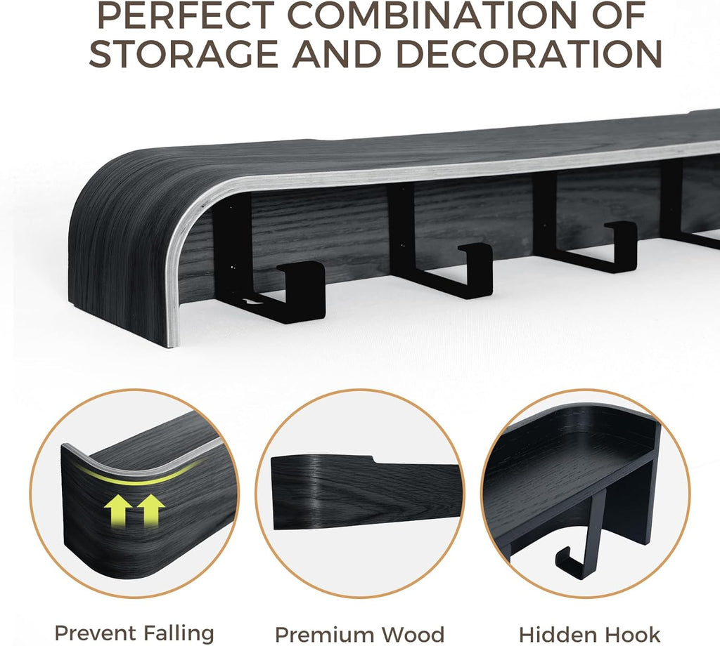 Wall Coat Rack Floating Shelves Modern Coat Rack Wall Mount with Storage Entryway Shelf Wooden Hanger 20 Inch 4 Hidden Metal Hooks for Living Room Bedroom (Black, 5 Hooks)
