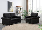 2 Piece Faux Leather Sofa Set,Modern Chair and Loveseat Sets with Storage,Mid Century Couch with Rivet Rolled Arm,Comfy Deep Seat Sofa,Furniture for Living Room,Office(Armchair+Loveseat,Black)