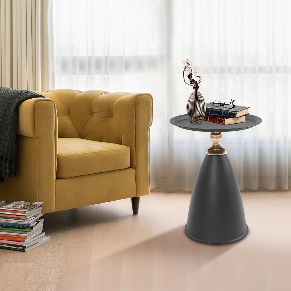 Round Side Table with Raised Edge, Cream White & Gold Accent Small End Ta...