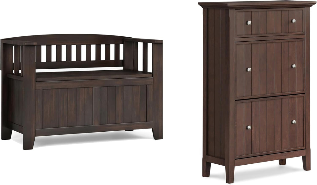 SIMPLIHOME Acadian 2-Seater Storage Bench and Cabinet Set in Brunette Brown