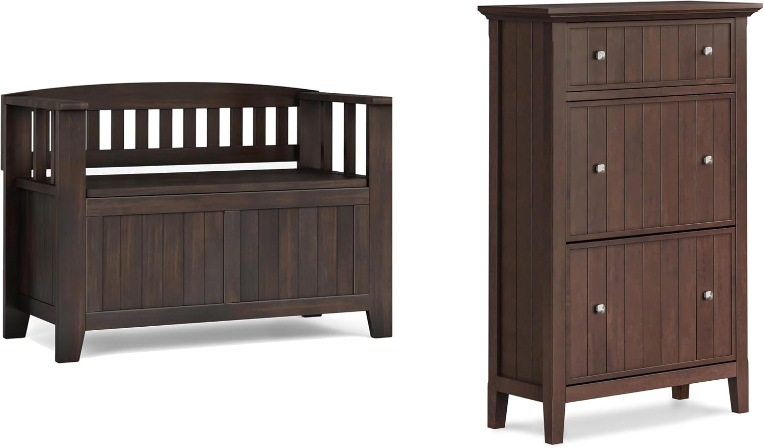 SIMPLIHOME Acadian 2-Seater Storage Bench and Cabinet Set in Brunette Brown