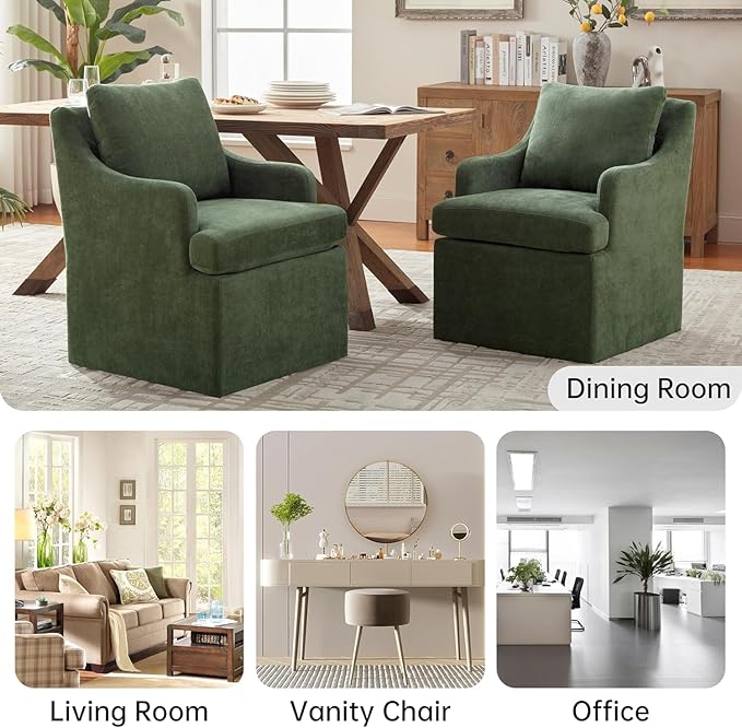 VKNOW Upholstered Dining Chairs Set of 4, Modern Kitchen Chairs Dinner Chairs with 4 Casters, Chenille Armchair for Bedroom Reading Room Living Room, Green
