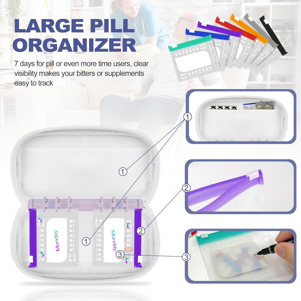 Weekly Pill Organizer 2 Times a Day - Timueetech A6 Waterproof 14 Pill Pouch Bags for Travel, BPA-Free Medicine Storage with Labels & Self-Sealing Design for Vitamins and Supplements, Purple