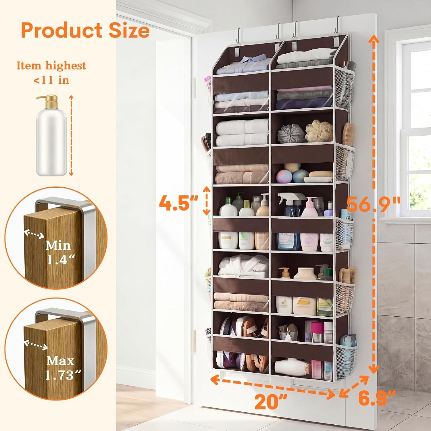 Over the Door Organizer 5 Tiers, Extra Large Behind Door Storage of 10 Compartments, 80 lbs Weight Capacity Over Door Organizer, Door Hanging Organizer for Closet, Diaper Organizer (Brown)