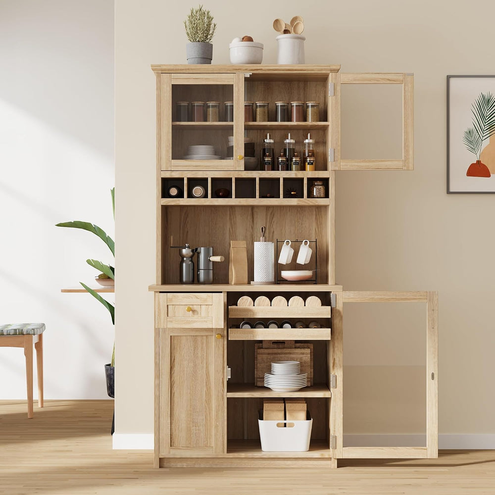 Polibi Farmhouse Freestanding Kitchen Pantry Cabinet Buffet with Hutch, Wine ...