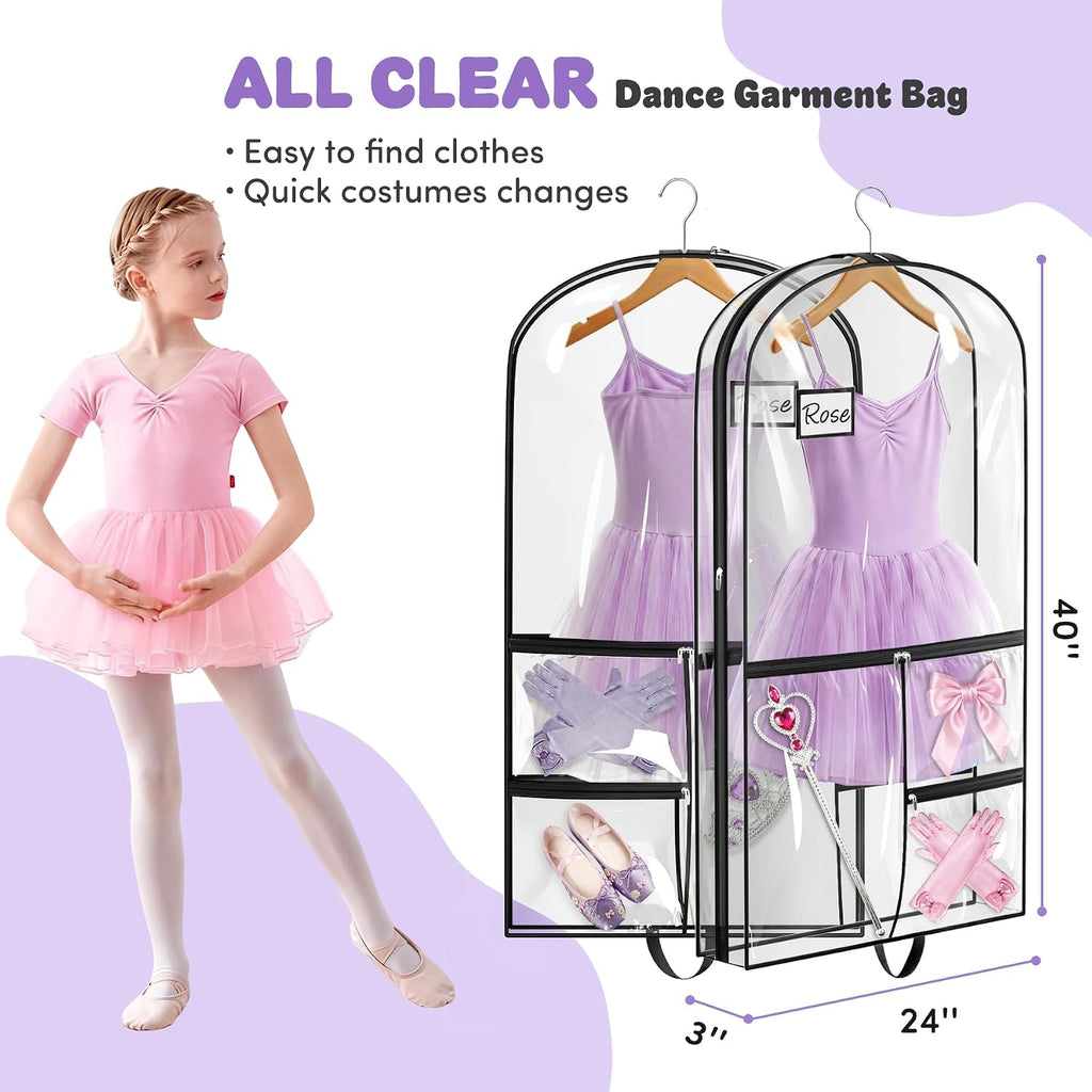 SLEEPING LAMB Dual-sided 6 Pockets Dance Garment Bags for Dancers, 40" Clear Kids Dance Costume Bag for Dance Competition Hanging Garment Bag for Ballet, Outfits, Cheer Uniform, Dress, 2 Packs, Black