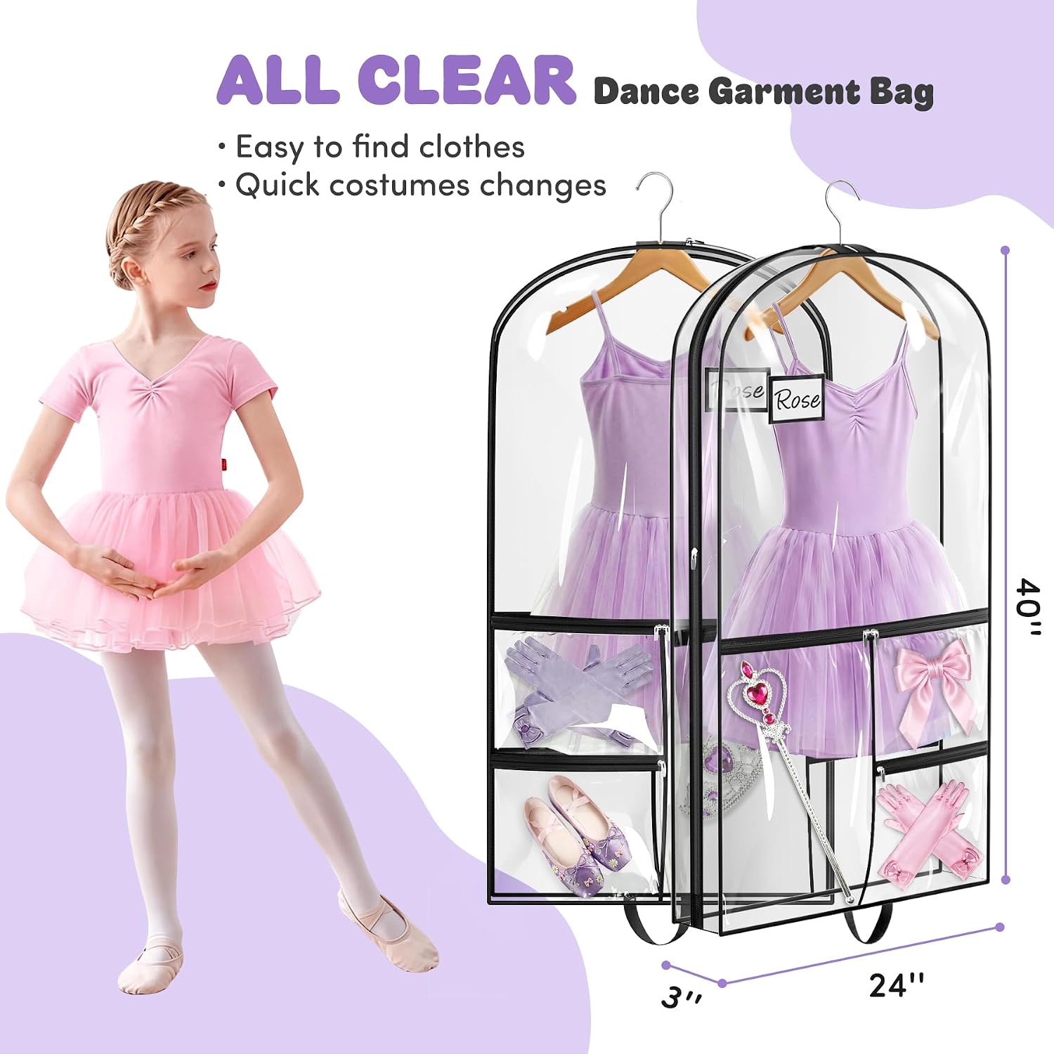 SLEEPING LAMB Dual-sided 6 Pockets Dance Garment Bags for Dancers, 40" Clear Kids Dance Costume Bag for Dance Competition Hanging Garment Bag for Ballet, Outfits, Cheer Uniform, Dress, 2 Packs, Black