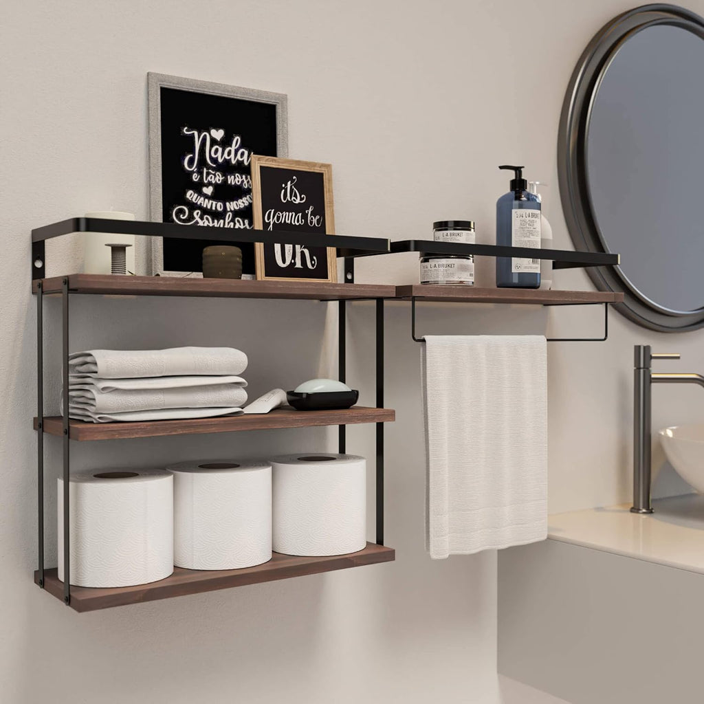 RICHER HOUSE 3+1 Tier Wall Mounted Floating Shelves Set of 2, Rustic Wood Wall Shelf with Metal Frame, Extra Storage Rack for Bathroom, Kitchen, Bedroom with Tissue Rack & Towel Bar - Rustic Brown