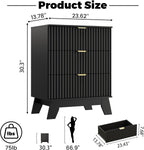 Black Night Stand with 3 Drawers, Bedside Table & End Table, 24" Wide Mid Century Modern Fluted Wood Nightstand with Metal Handles, Farmhouse Night Stands for Bedroom