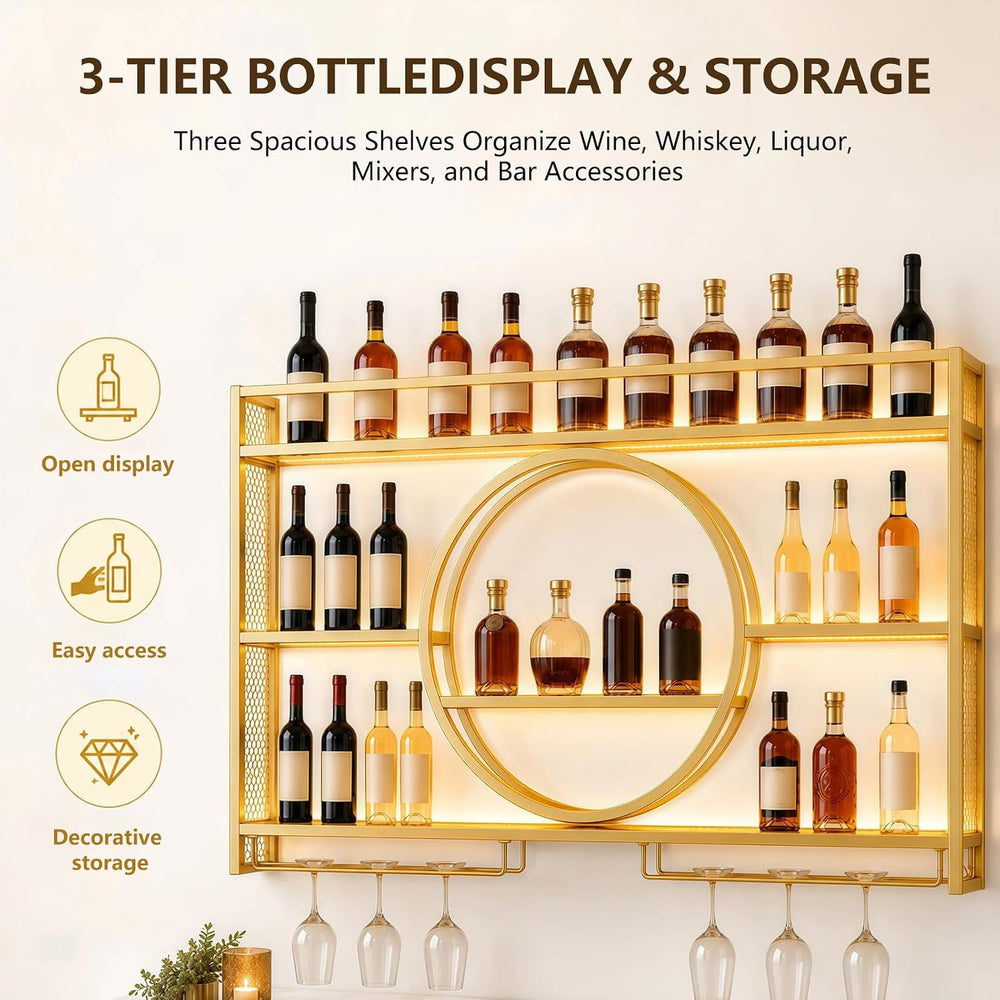 Wine Rack Wall Mounted with LED Lights - with Glass Holder, Gold | 3 Tier Met...