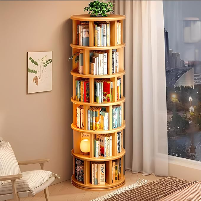 Wood Rotating Bookshelf on Wheels, 360-Degree Space Saving Bookcase, Large Capacity Spinning Bookshelf Tower for Living Room,Bedroom and Corners (Nature-6 Layers)