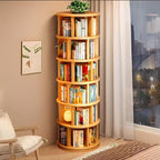 Wood Rotating Bookshelf on Wheels, 360-Degree Space Saving Bookcase, Large Capacity Spinning Bookshelf Tower for Living Room,Bedroom and Corners (Nature-6 Layers)