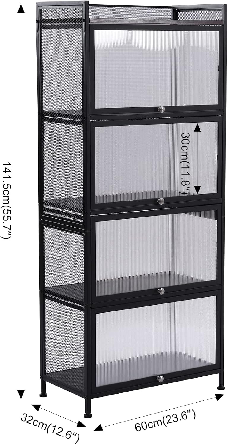 60x32x141.5cm 5-Tier Kitchen Storage Cabinet, Mobile Microwave Stand with Flip-Up Doors - Black Freestanding Kitchen Bakers Rack for Pantry, Bathroom Organizer