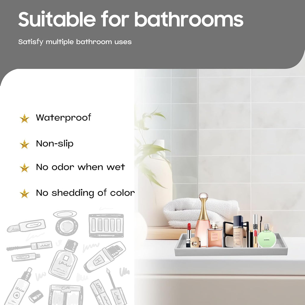 Vanity and Bathroom Tray, 11.8" ABS Countertop Organizer,Waterproof Vanity Tray for Toilet Tank,Perfume,Soap,Keys,Bathroom Accessories,Kitchen and Bath Trays,Non Slip Small Trays,Gray