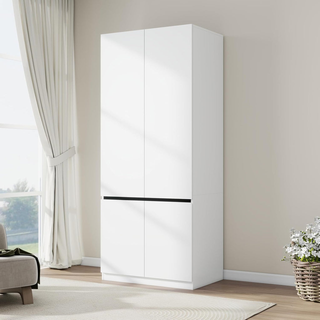 Bedroom Armoire Wardrobe Closet with 2 Doors: 75" White Wardrobe Cabinet for Clothes, Wooden Closet with Hanging Rod, Modern Armoire with Shelves (1)