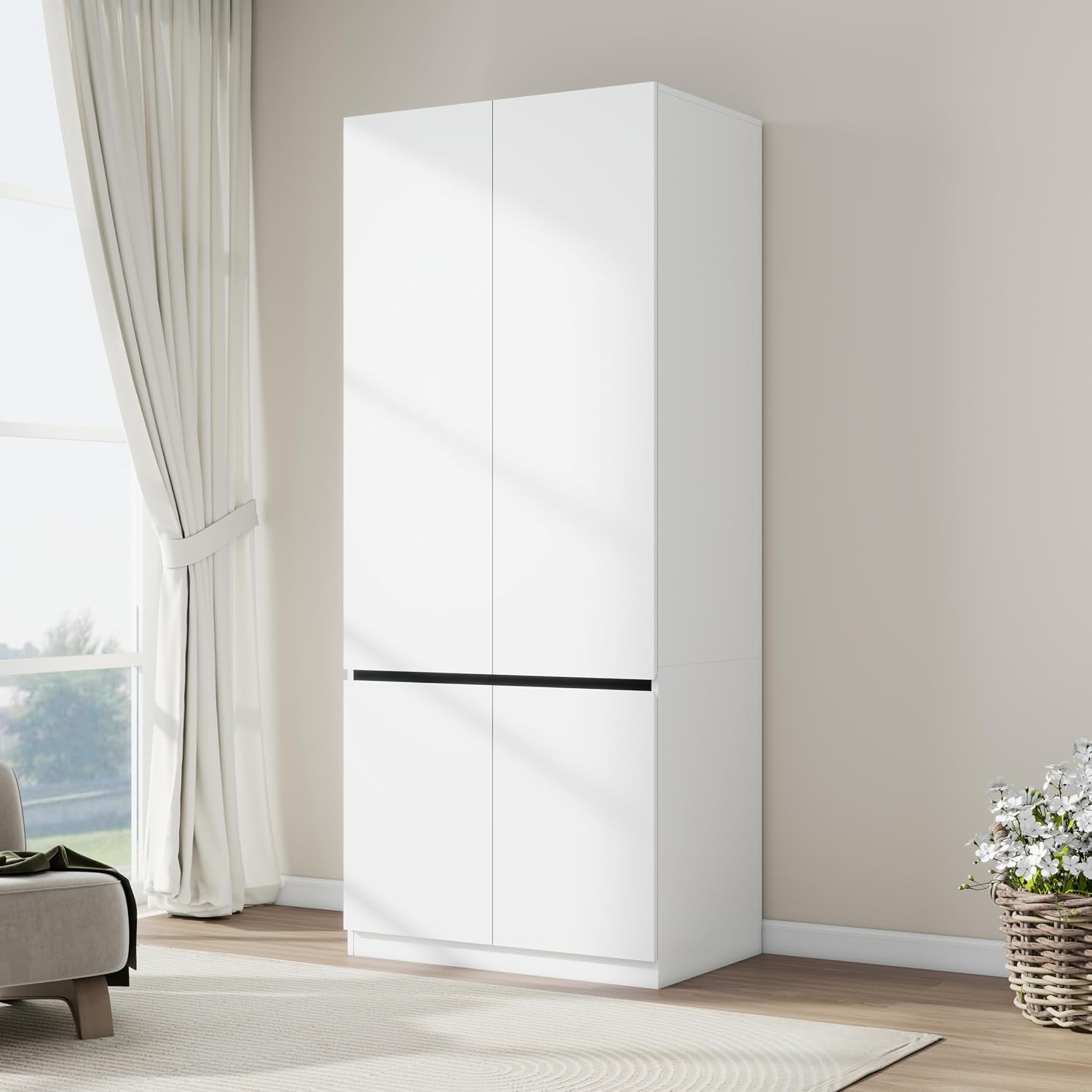Bedroom Armoire Wardrobe Closet with 2 Doors: 75" White Wardrobe Cabinet for Clothes, Wooden Closet with Hanging Rod, Modern Armoire with Shelves (1)
