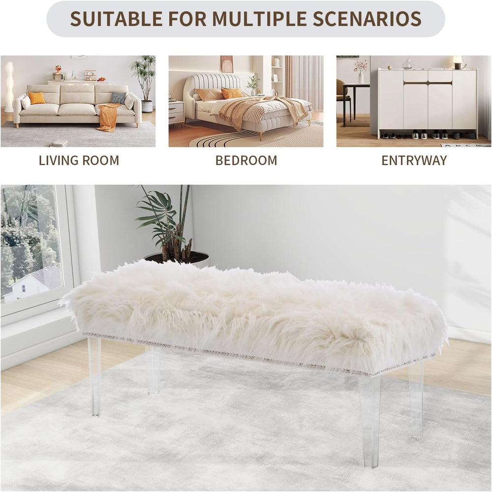 Modern White Faux Fur Ottoman Bench - Upholstered Furry Bench with Acrylic Le...